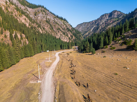 Aerial view of the beautiful Jeti-Oguz Valley in autumn, Issyk-Kul Region, Kyrgyzstan