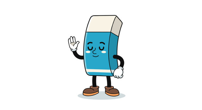 Friendly cartoon eraser character with arms and legs waving hello to represent school supplies and creative mistakes.