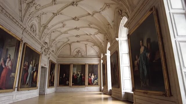 Ornate gallery hall interior with historic paintings and arched windows