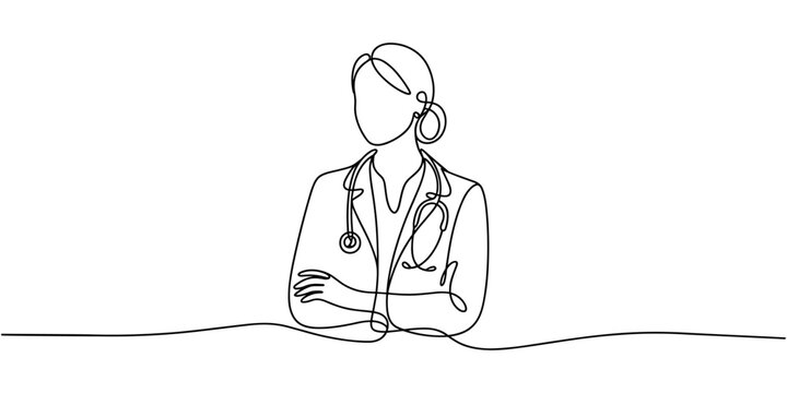 female doctor checking patient medical continuous one line drawing, One continuous line drawing of young female doctor checking patient pulse rate and blood tension using tensiometer. Medical health