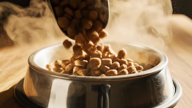 Dog kibble pouring from scoop into metal bowl. Sequence of dry pet food filling empty dish on wooden table. Animal feeding process and nutrition concept for daily pet care.