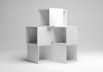Stacked cardboard boxes in a pyramid shape on a plain background for storage or shipping