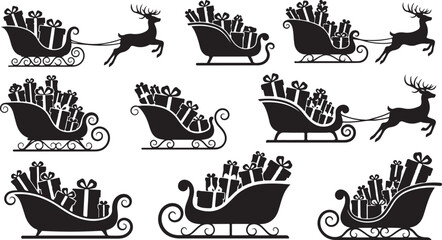 Black Silhouettes of Santa Sleighs with Reindeer in Flight