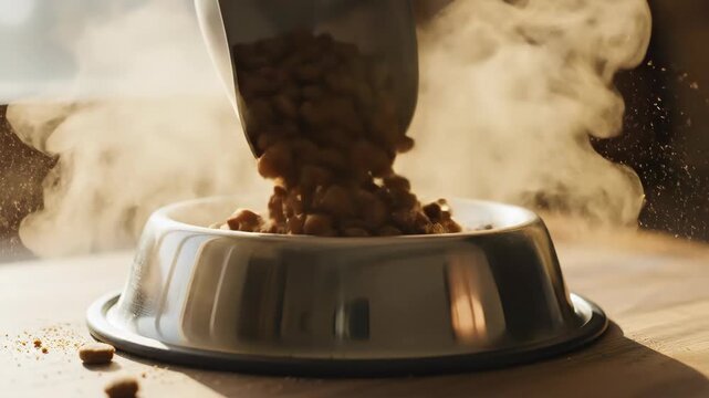 Dog kibble pouring from metal scoop into silver bowl. Sequence of dry pet food filling dish with splash effect on wooden table. Animal nutrition and home feeding routine concept for canine care.