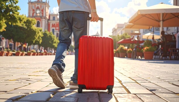 A person in jeans and a tee pulls a red suitcase along a cobblestone street. A sunny day with a backdrop of European architecture