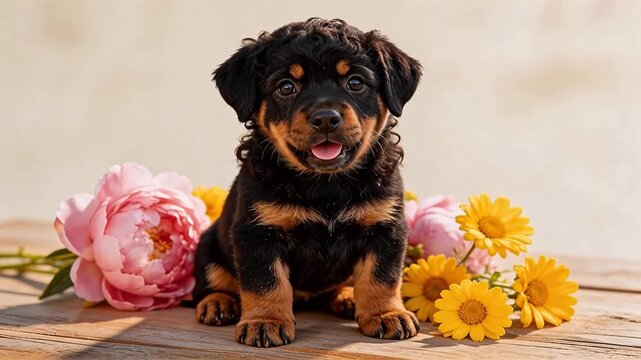 Adorable Rottweiler puppy with curly fur sitting on rustic wooden table surrounded by pink peonies and yellow daisies, soft studio lighting, pet portrait