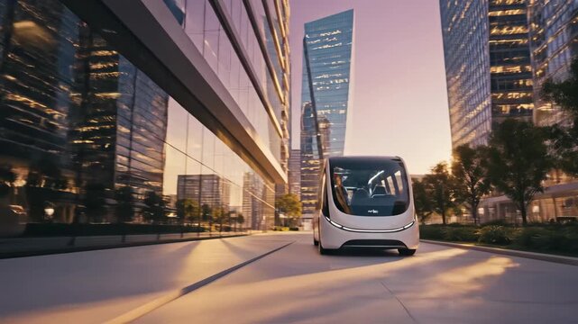 Driverless shuttle bus gliding along urban path. Autonomous vehicle navigating modern cityscape at dusk. Futuristic public transportation concept for sustainable mobility.