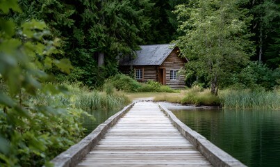 Naklejka premium a rustic log cabin nestled in the heart of an ancient forest, surrounded by lush greenery and shimmering waters,