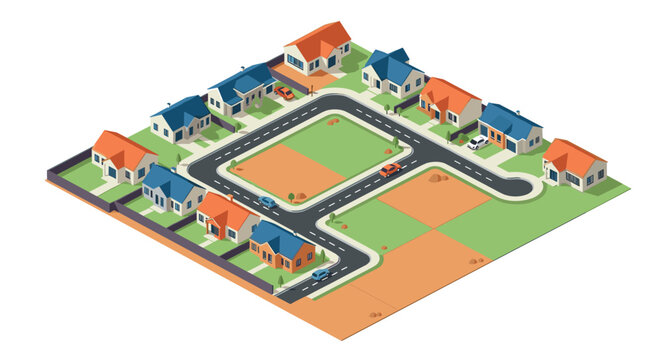 Isometric suburban neighborhood with houses and roads