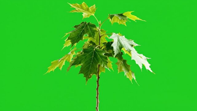 A sapling of a maple tree with green leaves, isolated on a plain green background, showcasing its delicate structure and vibrant foliage