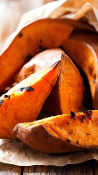 Roasted sweet potato wedges serving in paper bag