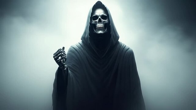 Grim Reaper in Foggy Mist, Skeleton Hand Reaching Out, Spooky Halloween Concept