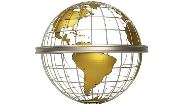 Golden globe with grid and metal band isolated on transparent background
