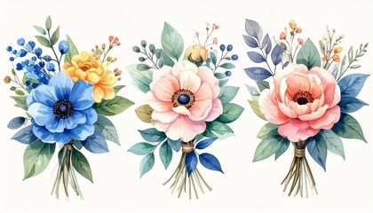 Fototapeta premium A watercolor floral bouquet illustration set featuring multiple bouquets and botanical elements.