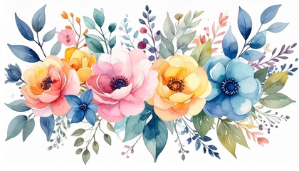 A watercolor floral bouquet illustration set featuring multiple bouquets and botanical elements.