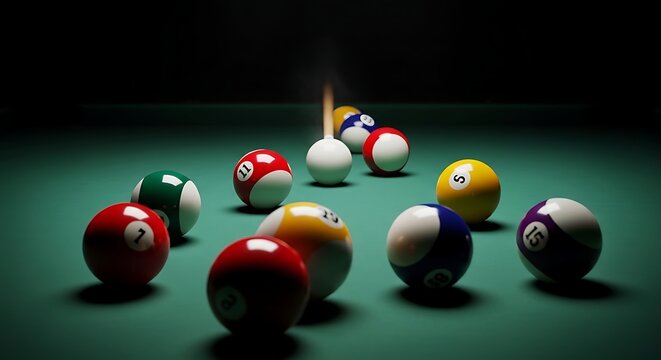 Single cue ball striking colorful billiard balls on a pool table, capturing dynamic motion concept against a dark background with dramatic game atmosphere.