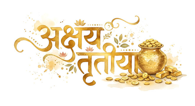 Akshaya Tritiya Festival Golden Typography with gold Kalash and Coins on background.