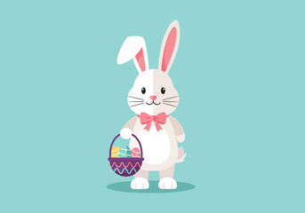 Obraz premium Easter bunny holds colorful eggs in basket standing on turquoise background