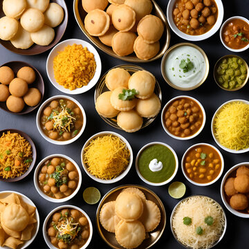 group of Bombay chat food includes golgappa/panipuri, bhel-puri, sev-poori, dahipuri, Ragda pattice, raj kachori etc. selective focus