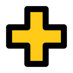Bright yellow medical cross icon with a bold black outline ideal for healthcare branding pharmacy app interfaces and modern emergency services.