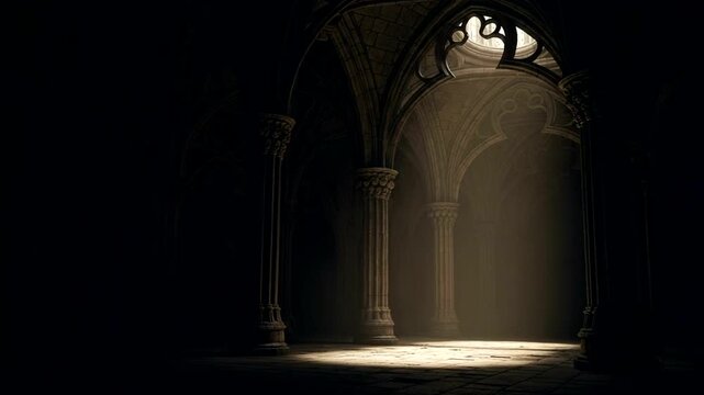 Dimly Lit Gothic Architecture with Intricate Details