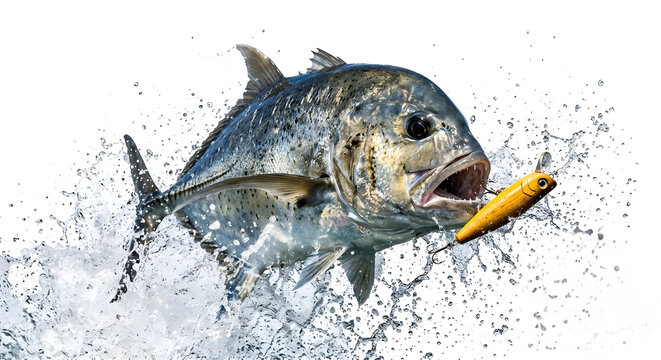 Hyper-realistic Giant Trevally Game Fish Action Shot with Dramatic Water Explosion.