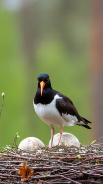 Eurasian oystercatcher protecting eggs in a nest