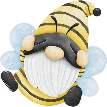Cute Watercolor Bee Gnome Costume Character Clipart.