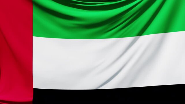 Flag Of The United Arab Emirates, A bold and dramatic 3D motion render of the national flag waving against a clean background, suitable for historical documentary, cultural and creative visual content