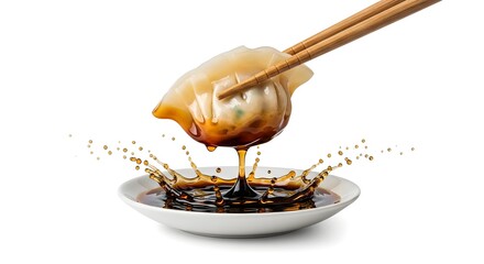 Fototapeta premium A delicious dumpling held by chopsticks drips soy sauce into a small dish creating a splash on a white background