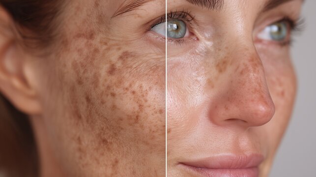 3D before-and-after render of pigmentation removal on facial skin. Split-screen vertical composition: left side shows skin with dark pigment spots; right side shows the clean skin after treatment