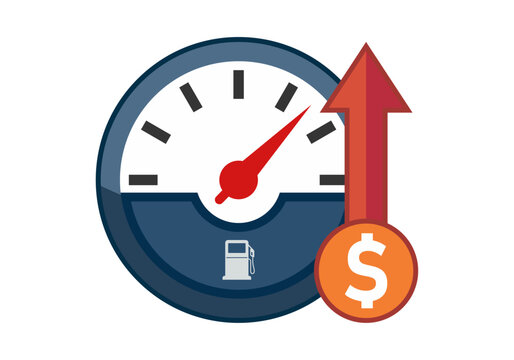 Medidor de combustible con aguja en rojo y flecha ascendente con s&iacute;mbolo de d&oacute;lar que representa el aumento del precio de la gasolina
