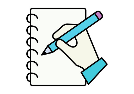 Mano escribiendo con un l&aacute;piz azul en una libreta de espiral para tomar notas