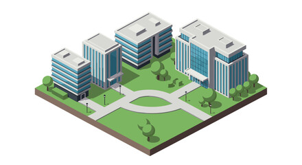 Modern office complex in isometric design with green park area