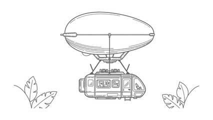 Blimp carrying a Gondola: A vintage-style blimp with a passenger gondola suspended beneath it, floats gracefully above stylized foliage. An illustration of an airship. © Abu