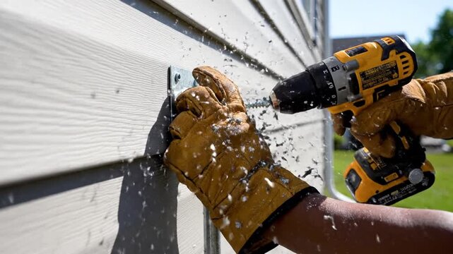 Person using cordless drill to install bracket on house siding.