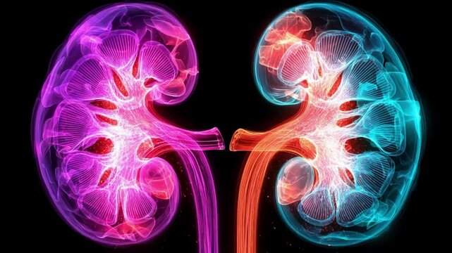 Radiant Kidneys: A detailed and vibrant illustration showcases the human kidneys, highlighting their intricate structure with radiant colors, symbolizing health and vitality.