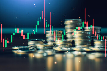 Stacks of coins with stock market candlestick chart illustrate financial trading, investment strategy, market volatility, profit potential, and wealth creation in modern global financial markets. © Keaw