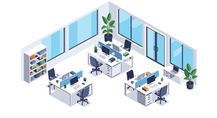 Modern isometric office interior with desk, shelves, and plants in bright workspace