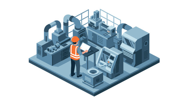 Isometric factory automation with worker operating industrial machines in modern manufacturing