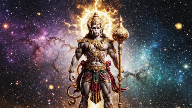 Lord hanuman meditates holding his gada in a serene cosmic digital art illustration for hanuman jayanti.
