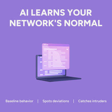 Vector graphic illustration of a laptop representing AI learning network security and spotting deviations from normal behavior and catching intruders with a clean modern design.