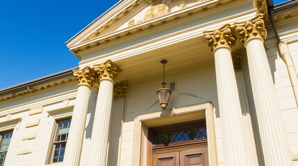 Obraz premium monumental. Classical architectural doorway with elegant columns under a clear blue sky, embodying timeless sophistication. real-estate listings.