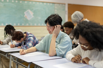 Fototapeta premium Diverse students taking exam in modern classroom