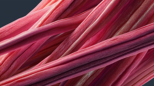 Detailed 3D visualization of human muscle fiber longitudinal layout under microscope. Perfectly structured parallel fibers in warm red and pink tones, connective tissue visible between bundles