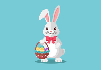 A white cartoon Easter bunny holds a colorful egg basket on a blue background.