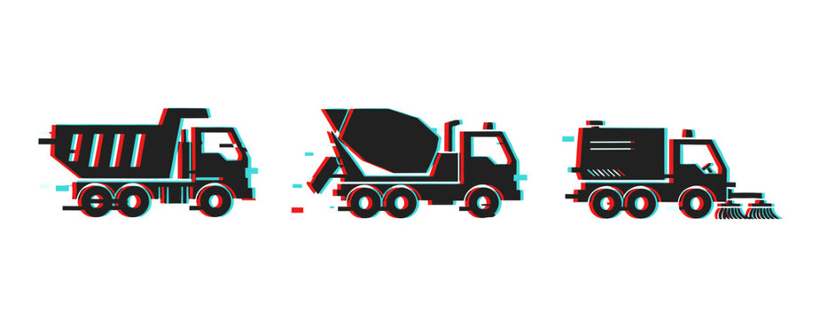 Glitch art: dump truck, cement mixer, and street sweeper icons