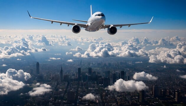 Gemini şunu dedi:
💬 Caption:
A passenger jet airliner in flight over a detailed city and clouds under a bright blue sky. A dynamic photorealistic aerial view from a low angle, symbolizing travel, avi