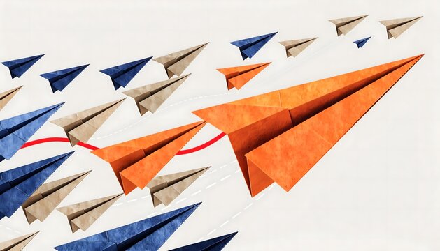 Stylized modern graphic image of colorful paper airplanes (orange, blue, tan) flying diagonally across a pale beige background with motion lines and a red curve symbolizing progress. (181 characters)