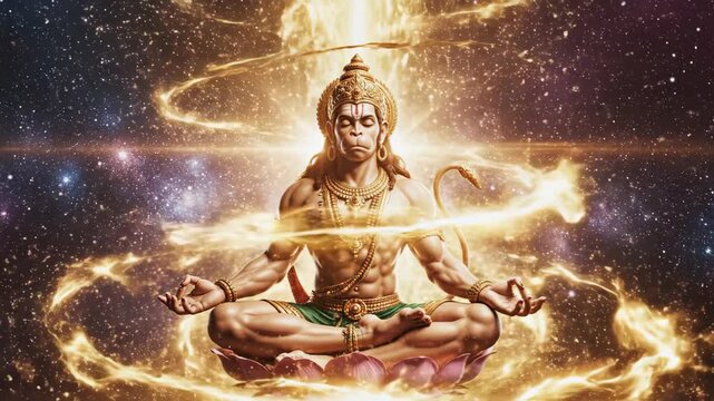 Lord hanuman meditates in a golden cosmic aura, radiating divine power and spiritual energy, honoring his jayanti.